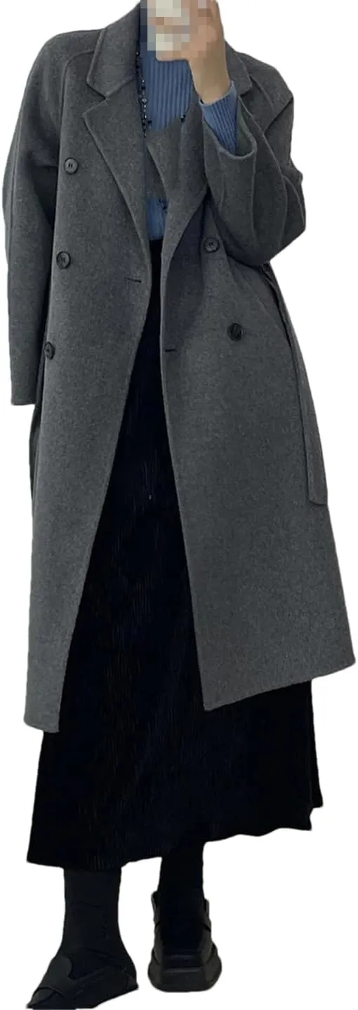 Fnfmrfmr Women Casual Long Double-Sided Woolen Jacket Double Breasted Lace-Up Wool Blend Coats
