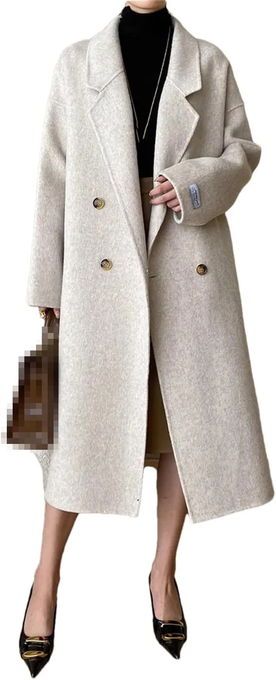 Fnfmrfmr Women's Double-Sided Wool Blends Coats Double Breasted Autumn Winter Long Wool Jacket