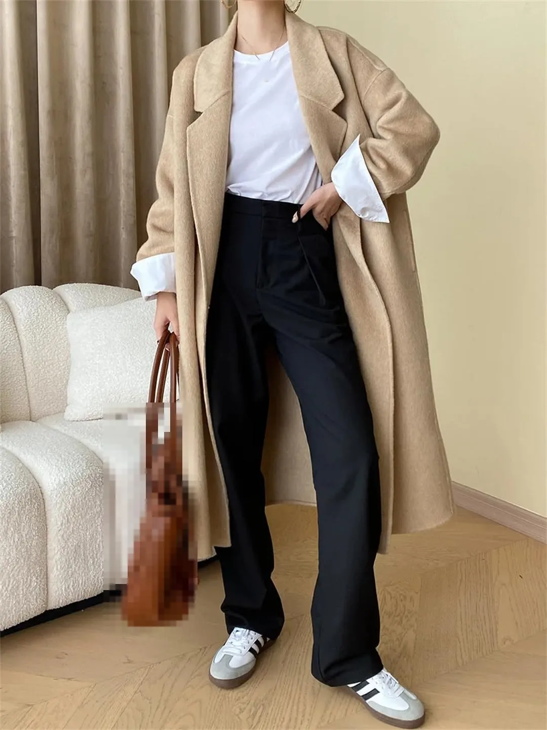 Fnfmrfmr Women's Double-Sided Wool Blends Coats Double Breasted Autumn Winter Long Wool Jacket