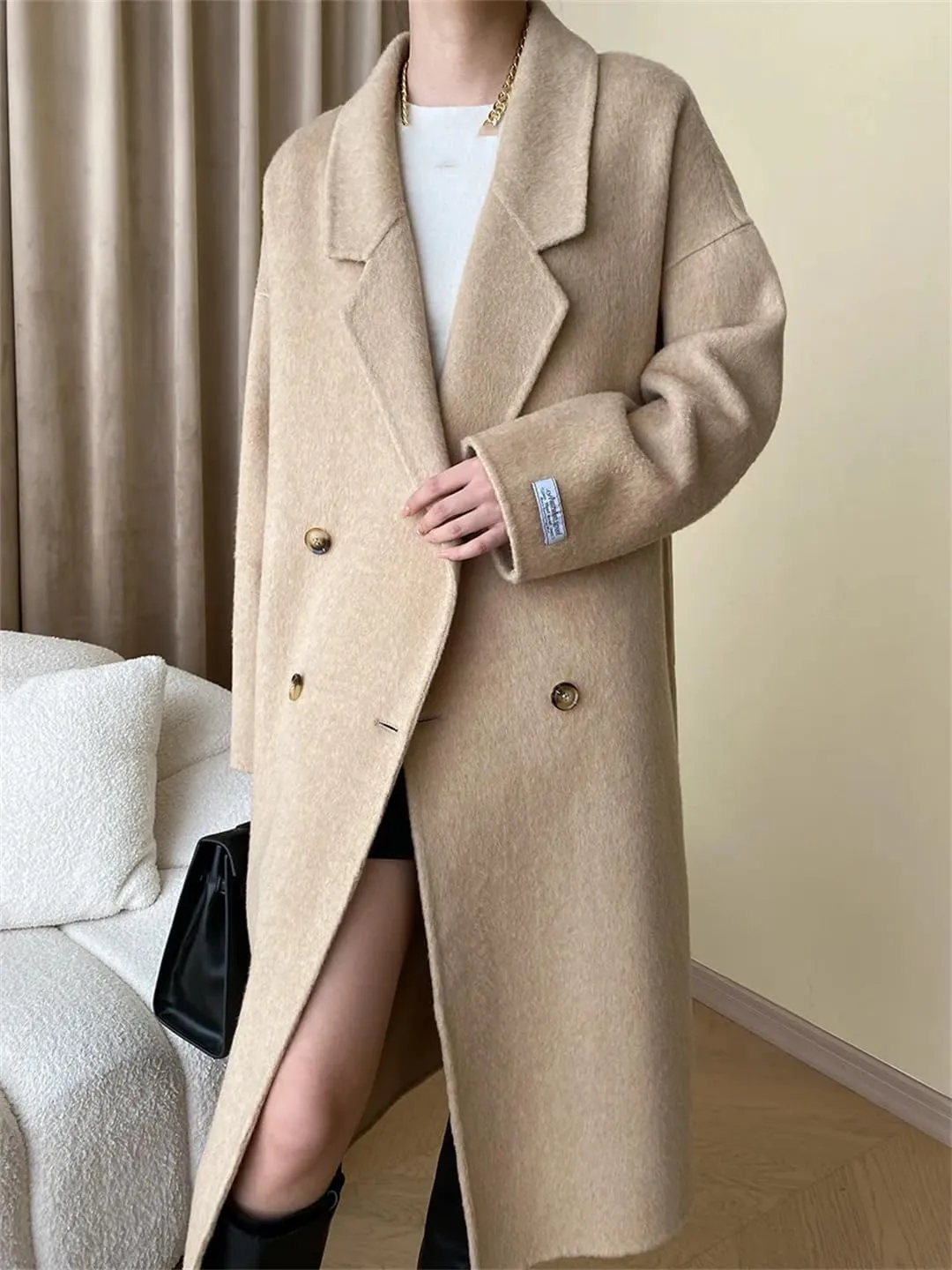 Fnfmrfmr Women's Double-Sided Wool Blends Coats Double Breasted Autumn Winter Long Wool Jacket