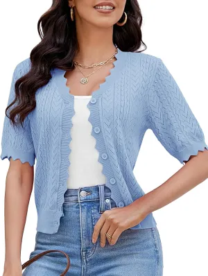 Genhoo Short Sleeve Cardigans for Women Hollow Out Knit Cropped Cardigan Sweater Button Down Lightweight Bolero Shrugs
