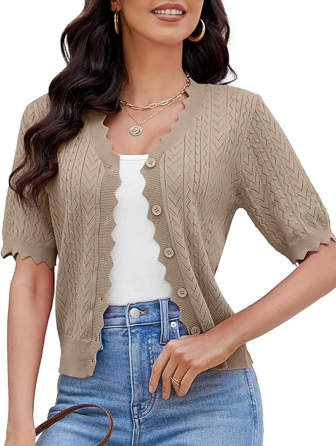 Genhoo Short Sleeve Cardigans for Women Hollow Out Knit Cropped Cardigan Sweater Button Down Lightweight Bolero Shrugs