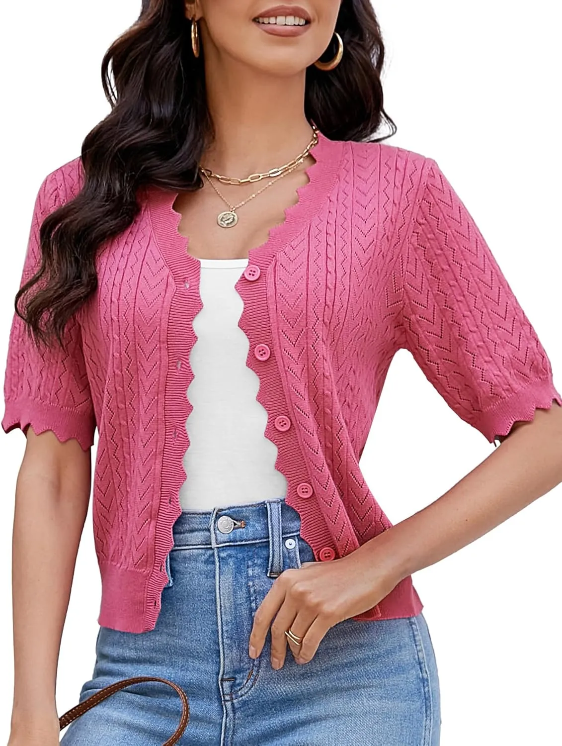 Genhoo Short Sleeve Cardigans for Women Hollow Out Knit Cropped Cardigan Sweater Button Down Lightweight Bolero Shrugs