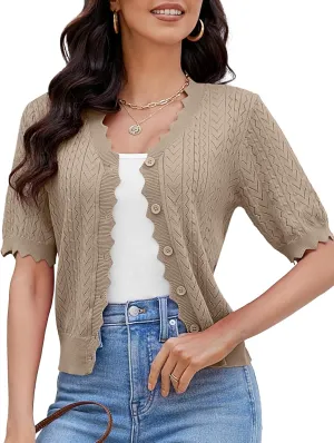 Genhoo Short Sleeve Cardigans for Women Hollow Out Knit Cropped Cardigan Sweater Button Down Lightweight Bolero Shrugs