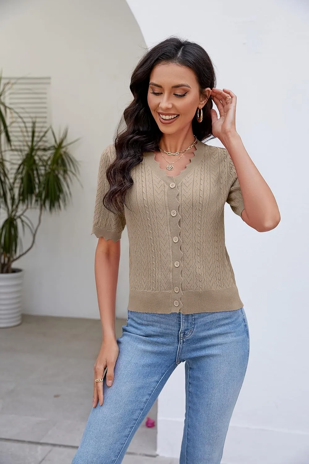 Genhoo Short Sleeve Cardigans for Women Hollow Out Knit Cropped Cardigan Sweater Button Down Lightweight Bolero Shrugs