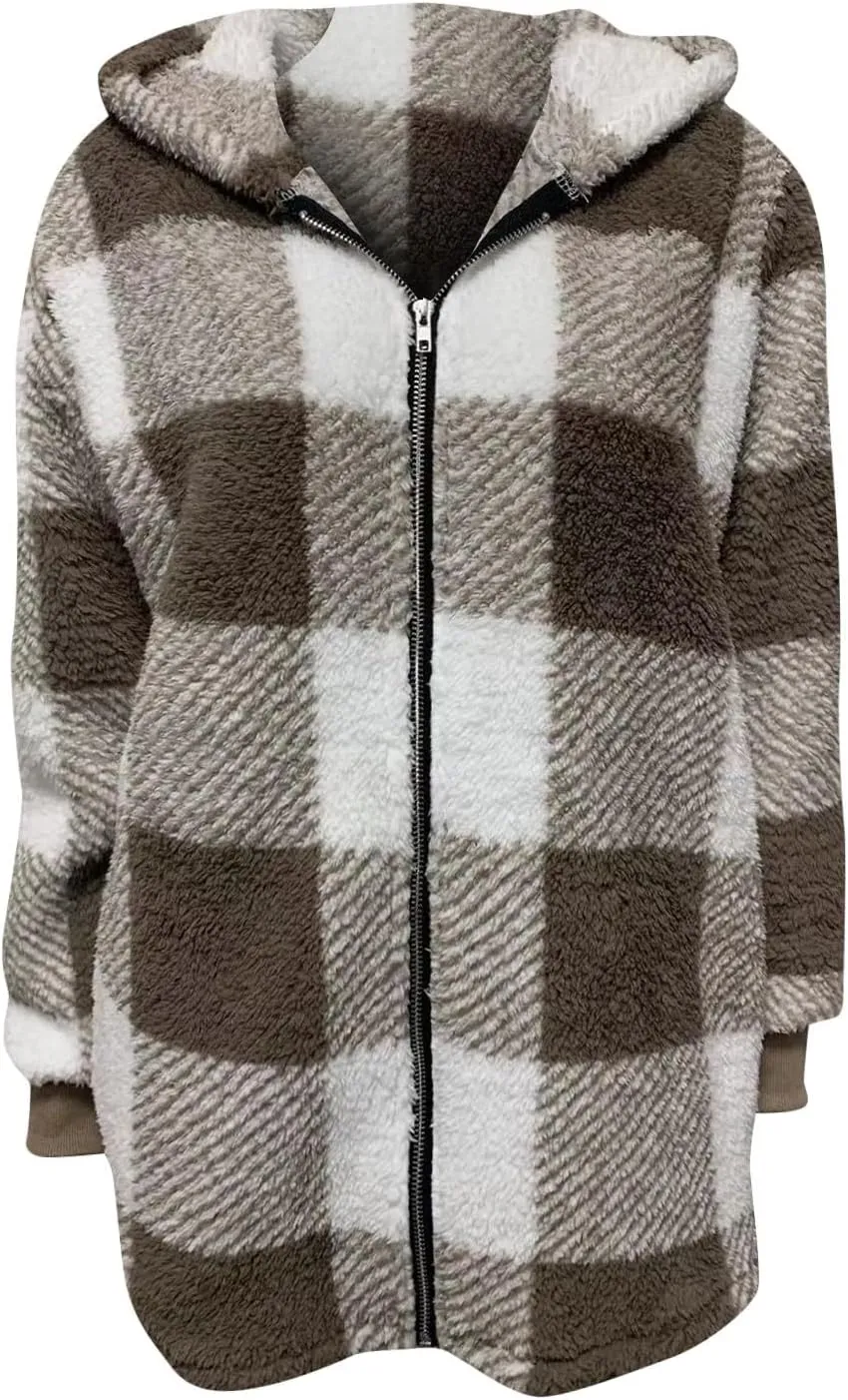 GOFULY Coats For Women Winter Soft Plush Hoodie Full Zip Fall Sherpa Jackets 2024 Plaid Cardigan With Pockets Outfits Trendy