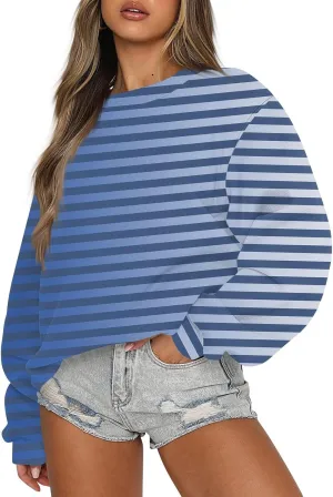 GOFULY Crew Neck Oversized Sweatshirt For Girls Long Sleeve Fall Tops Crop Striped Color Block Sweatshirts Winter Pullover