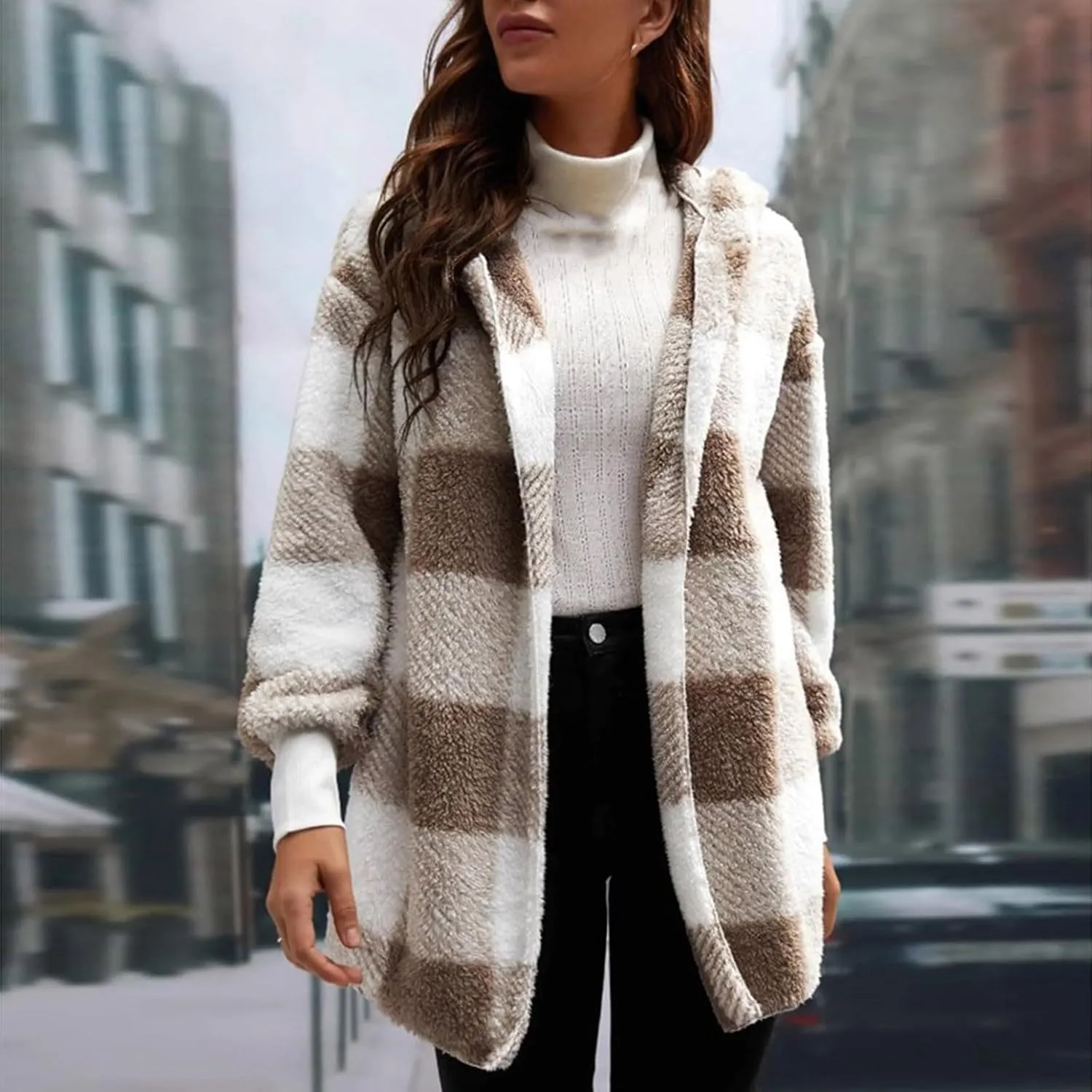 GOFULY Womens Winter Coats Trendy Fuzzy Fleece Hoodies Open Front Fall Sherpa Jackets Warm Plaid Cardigans Casual Outerwear