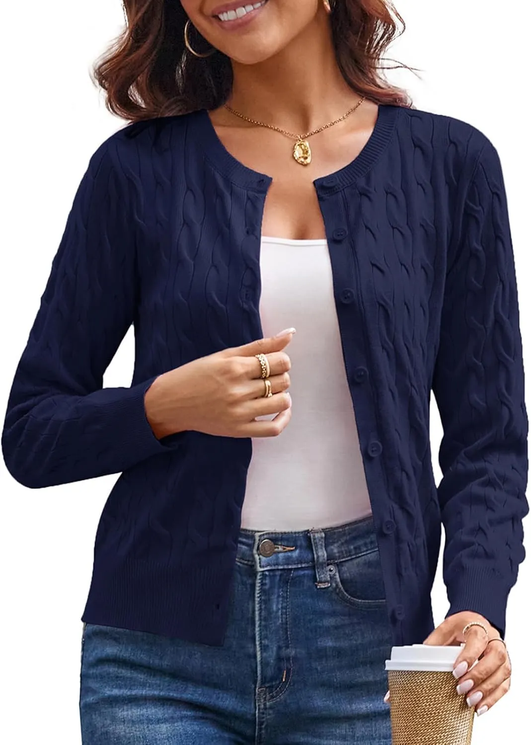 GRACE KARIN Women's Long Sleeve Button Up Cable Knit Cardigan Lightweight 2025 Crewneck Button Down Sweaters for Women
