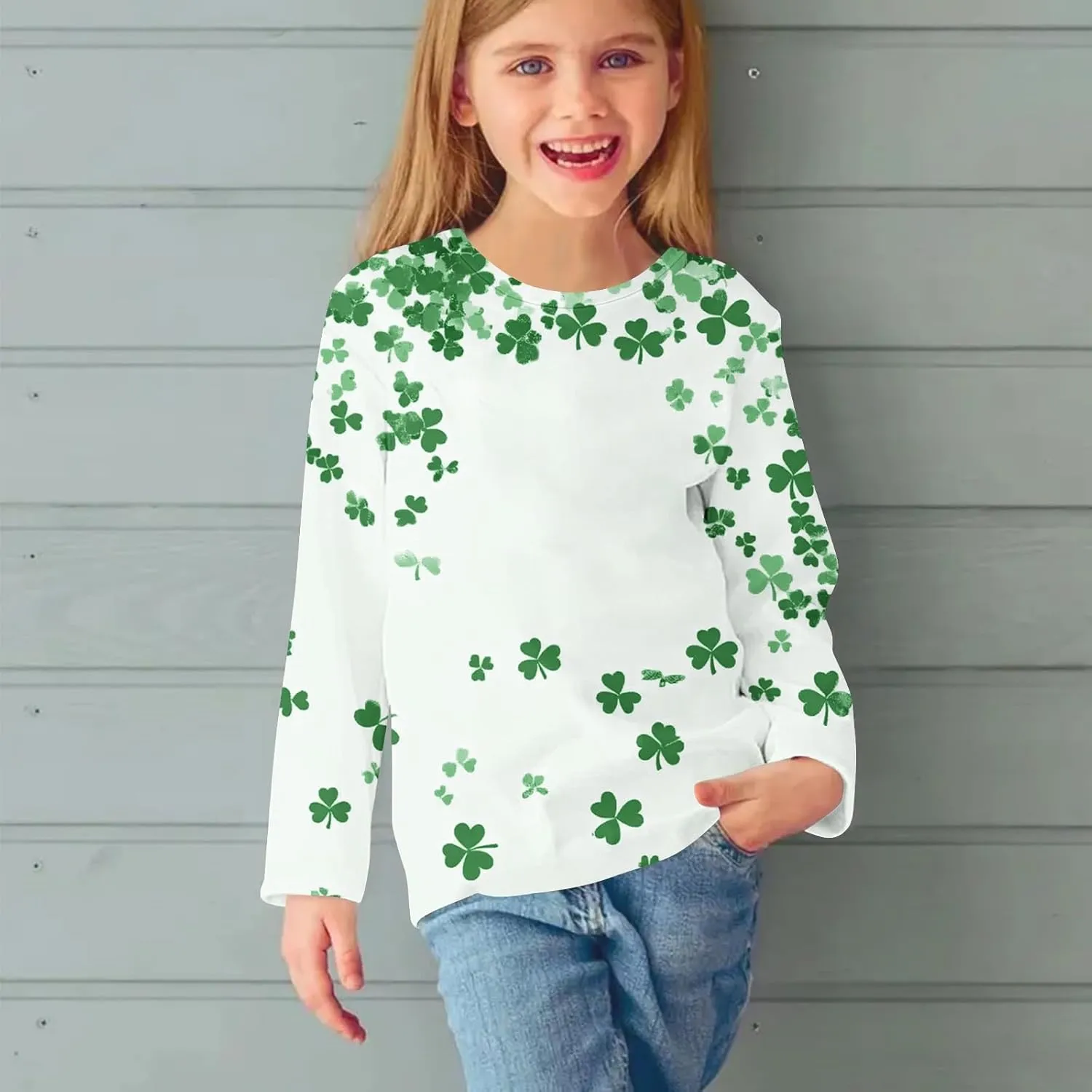 Graphic Sweatshirt Girls Long Sleeve Blue Clover Crewneck Lightweight Pullover Relaxed Casual Cute Essential Top