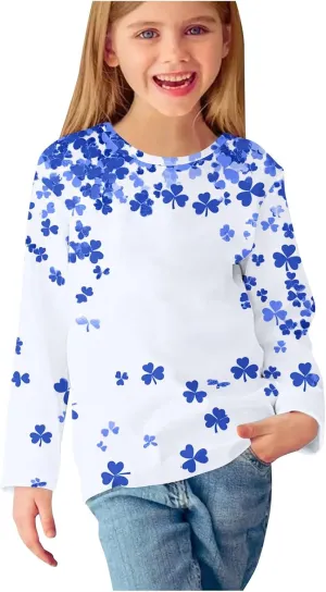 Graphic Sweatshirt Girls Long Sleeve Blue Clover Crewneck Lightweight Pullover Relaxed Casual Cute Essential Top