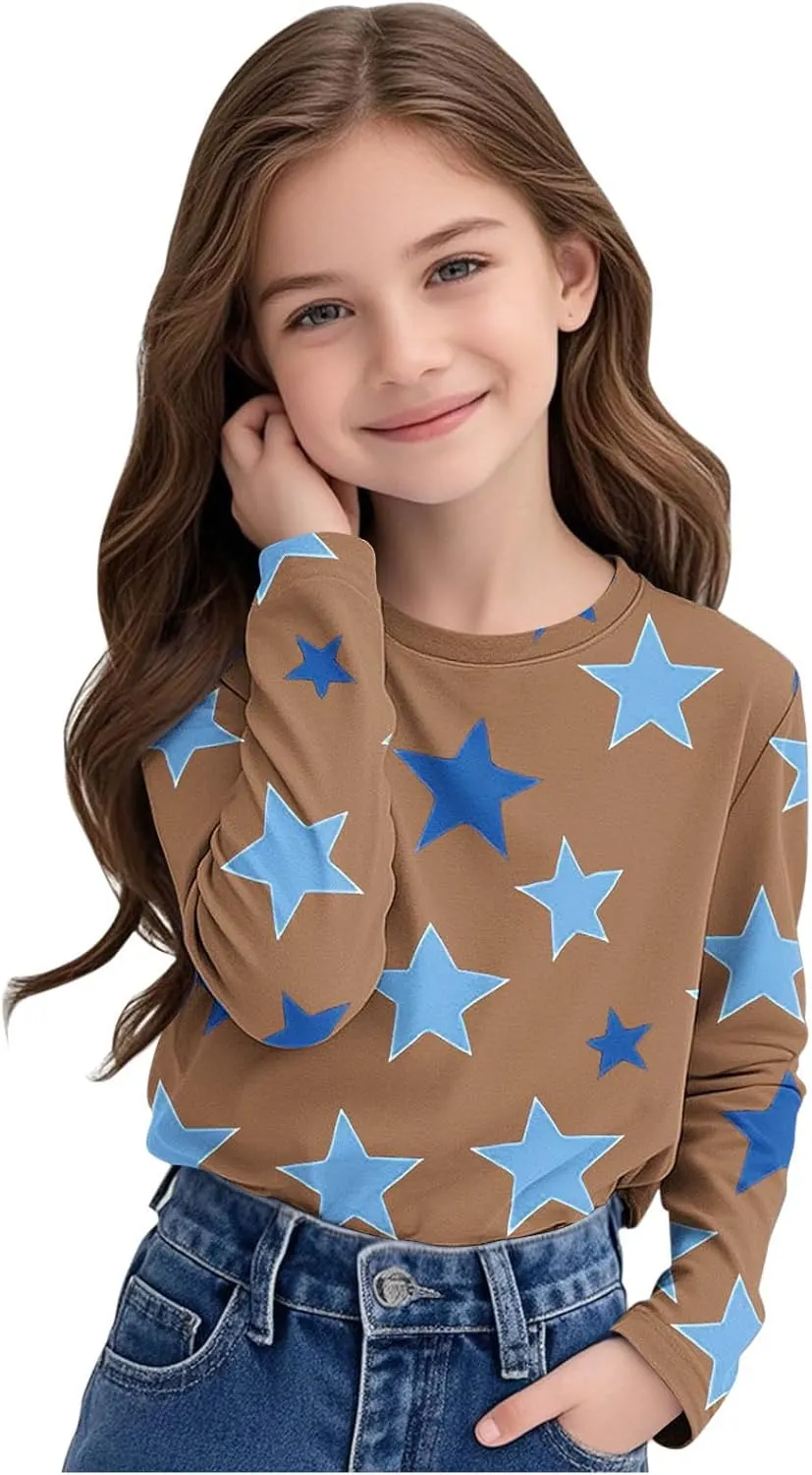 Graphic Sweatshirt Girls Long Sleeve Star Print Crewneck Lightweight Pullover Relaxed Casual Cute Essential Top