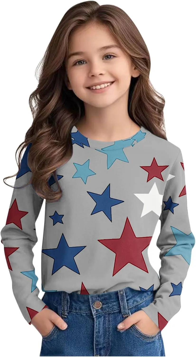 Graphic Sweatshirt Girls Long Sleeve Star Print Crewneck Lightweight Pullover Relaxed Casual Cute Essential Top