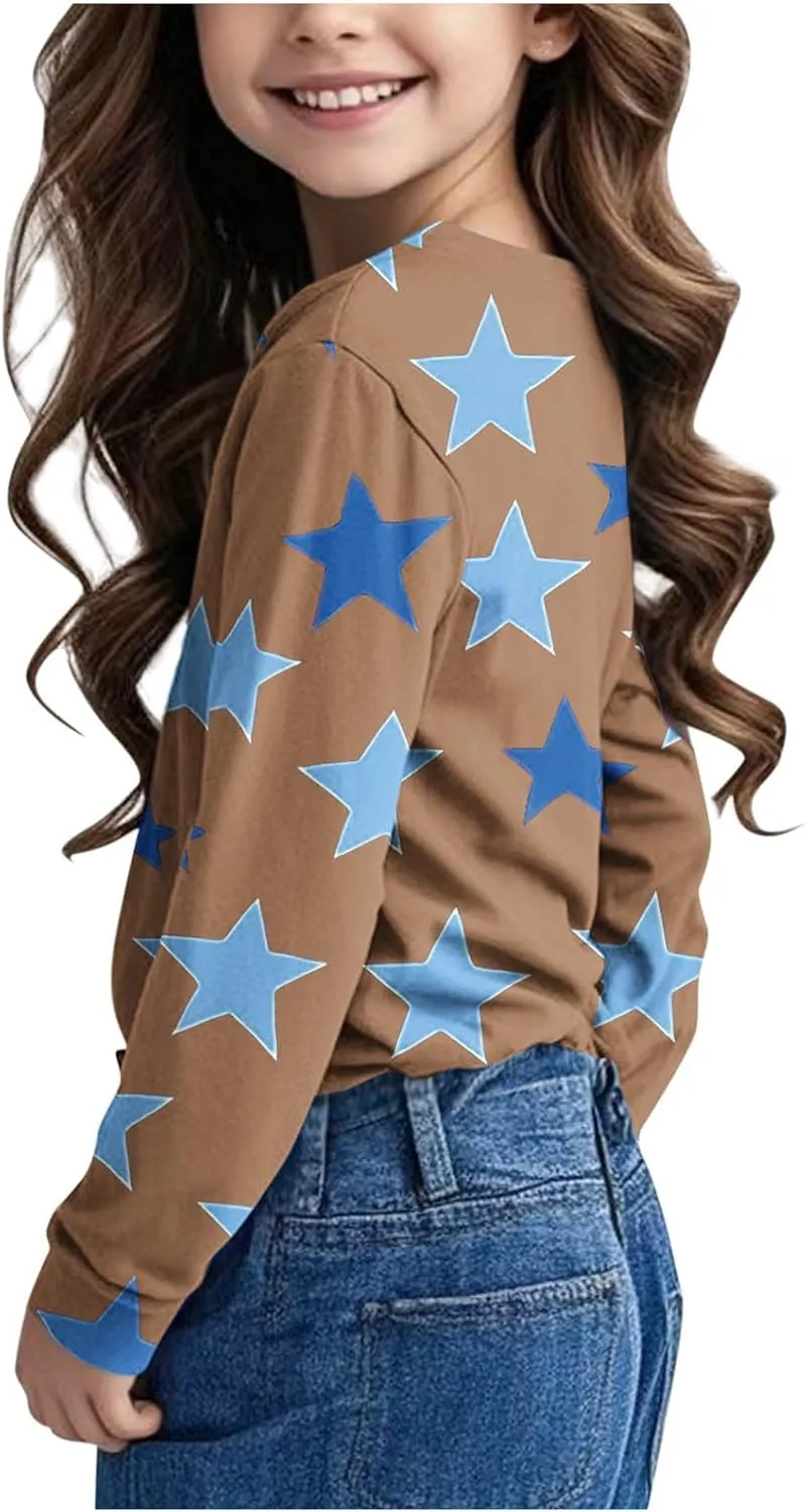 Graphic Sweatshirt Girls Long Sleeve Star Print Crewneck Lightweight Pullover Relaxed Casual Cute Essential Top