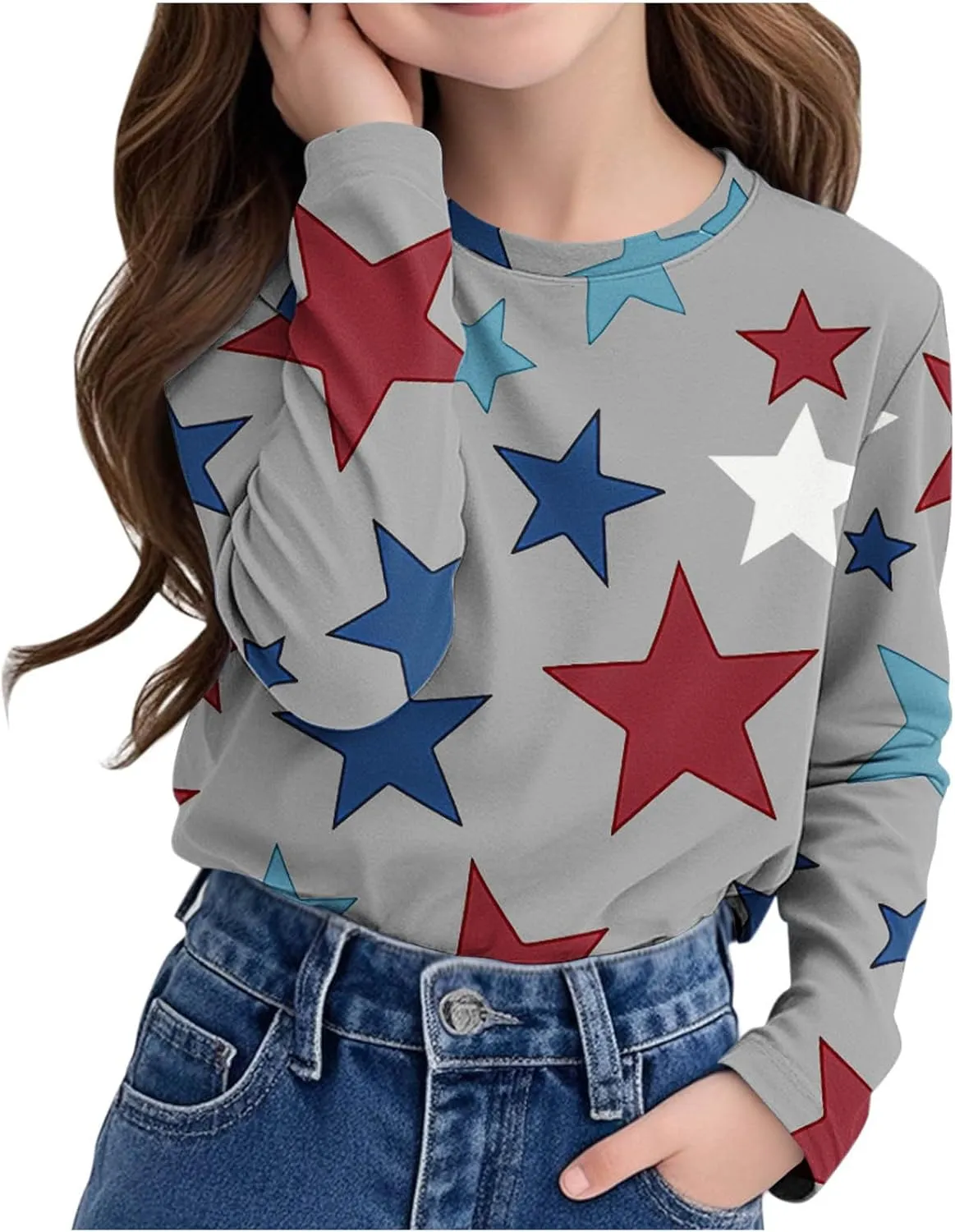 Graphic Sweatshirt Girls Long Sleeve Star Print Crewneck Lightweight Pullover Relaxed Casual Cute Essential Top
