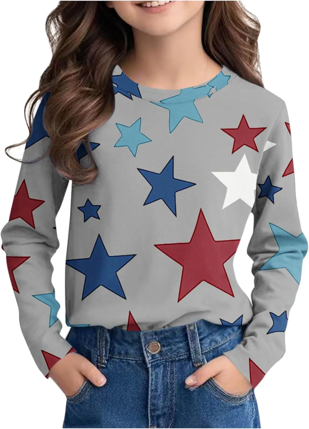 Graphic Sweatshirt Girls Long Sleeve Star Print Crewneck Lightweight Pullover Relaxed Casual Cute Essential Top