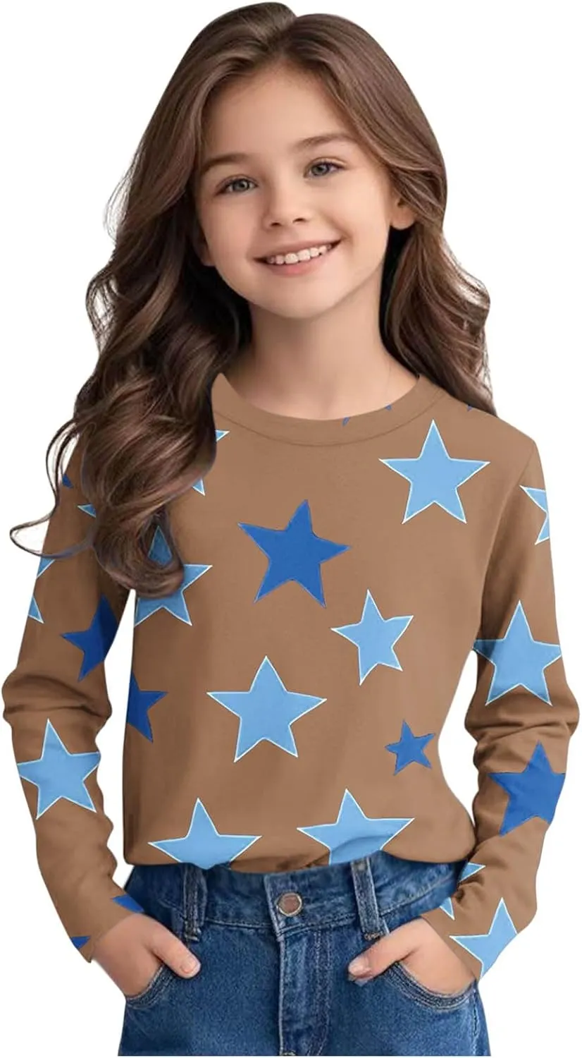 Graphic Sweatshirt Girls Long Sleeve Star Print Crewneck Lightweight Pullover Relaxed Casual Cute Essential Top