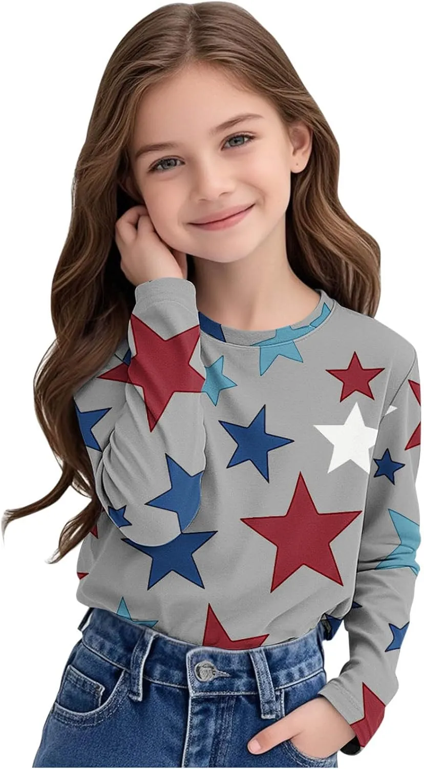Graphic Sweatshirt Girls Long Sleeve Star Print Crewneck Lightweight Pullover Relaxed Casual Cute Essential Top