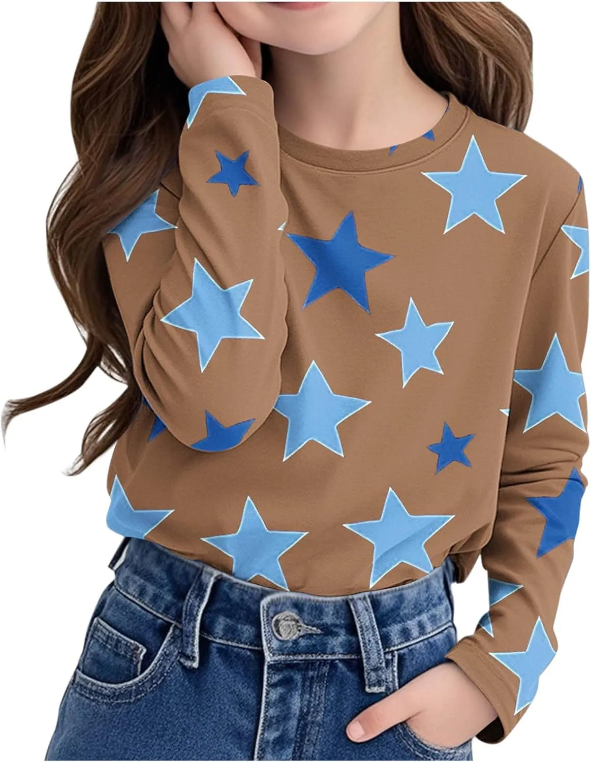 Graphic Sweatshirt Girls Long Sleeve Star Print Crewneck Lightweight Pullover Relaxed Casual Cute Essential Top