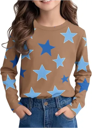 Graphic Sweatshirt Girls Long Sleeve Star Print Crewneck Lightweight Pullover Relaxed Casual Cute Essential Top