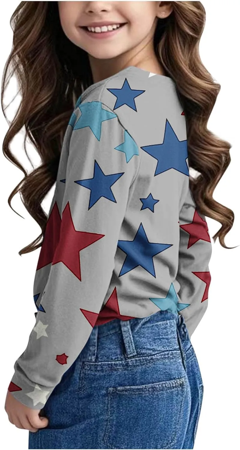 Graphic Sweatshirt Girls Long Sleeve Star Print Crewneck Lightweight Pullover Relaxed Casual Cute Essential Top