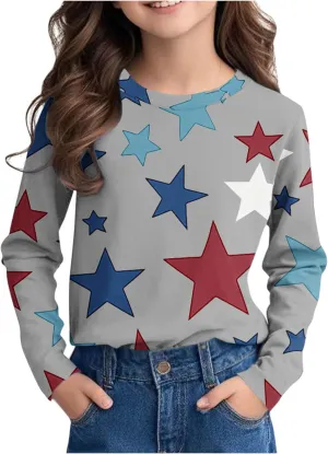 Graphic Sweatshirt Girls Long Sleeve Star Print Crewneck Lightweight Pullover Relaxed Casual Cute Essential Top