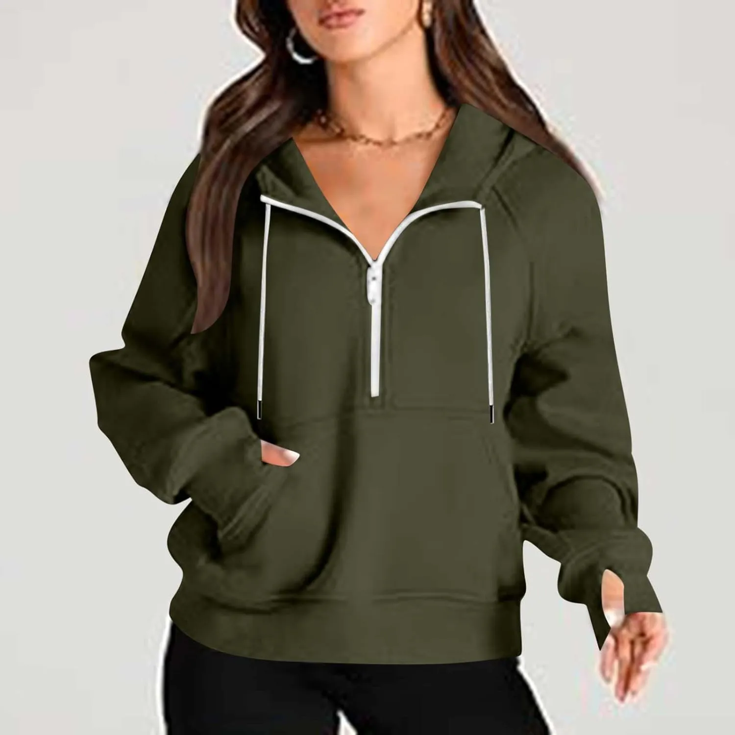 Half Zip Cropped Hoodies for Women Fleece Lined Drawstring Pullover Thumb Hole Long Sleeve Casual Workout Sweatshirt