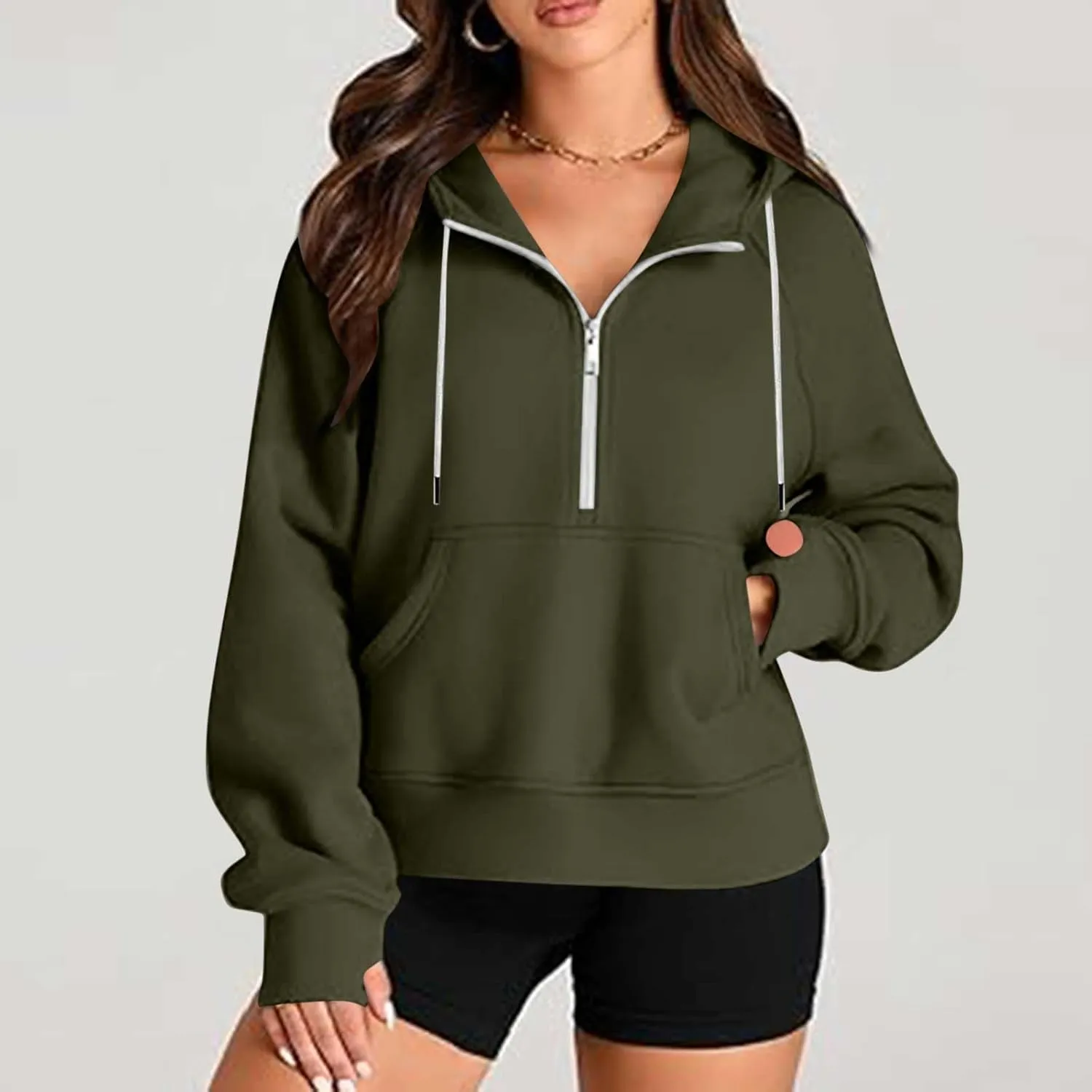 Half Zip Cropped Hoodies for Women Fleece Lined Drawstring Pullover Thumb Hole Long Sleeve Casual Workout Sweatshirt