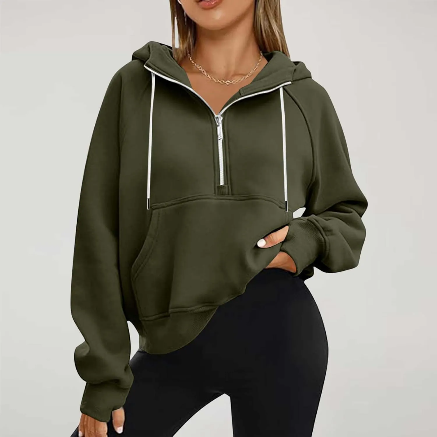 Half Zip Cropped Hoodies for Women Fleece Lined Drawstring Pullover Thumb Hole Long Sleeve Casual Workout Sweatshirt