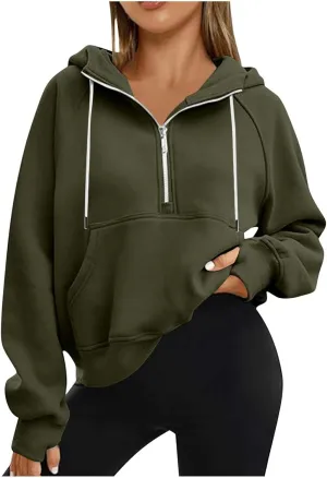 Half Zip Cropped Hoodies for Women Fleece Lined Drawstring Pullover Thumb Hole Long Sleeve Casual Workout Sweatshirt