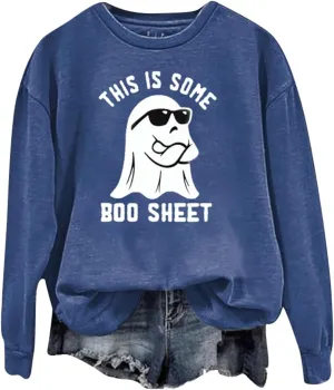 Halloween Crewneck Sweatshirts Women Ghost Print Loose Pullover Tops Graphic Long Sleeve Oversized Cute Sweatshirt
