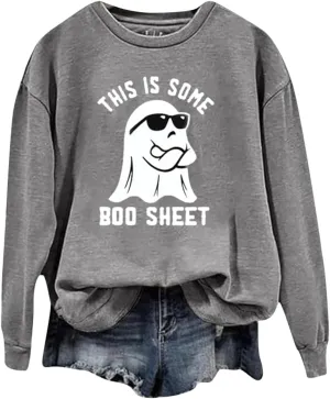 Halloween Crewneck Sweatshirts Women Ghost Print Loose Pullover Tops Graphic Long Sleeve Oversized Cute Sweatshirt