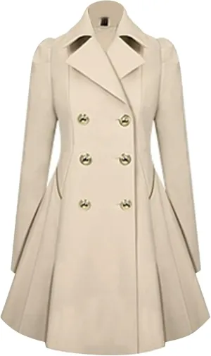 Hasta Women's Swing Coats Lapel Pleated Hem Slim Fit Skirt Pea Coat Plus Size Double-Breasted Trench Coats Overcoat Jacket