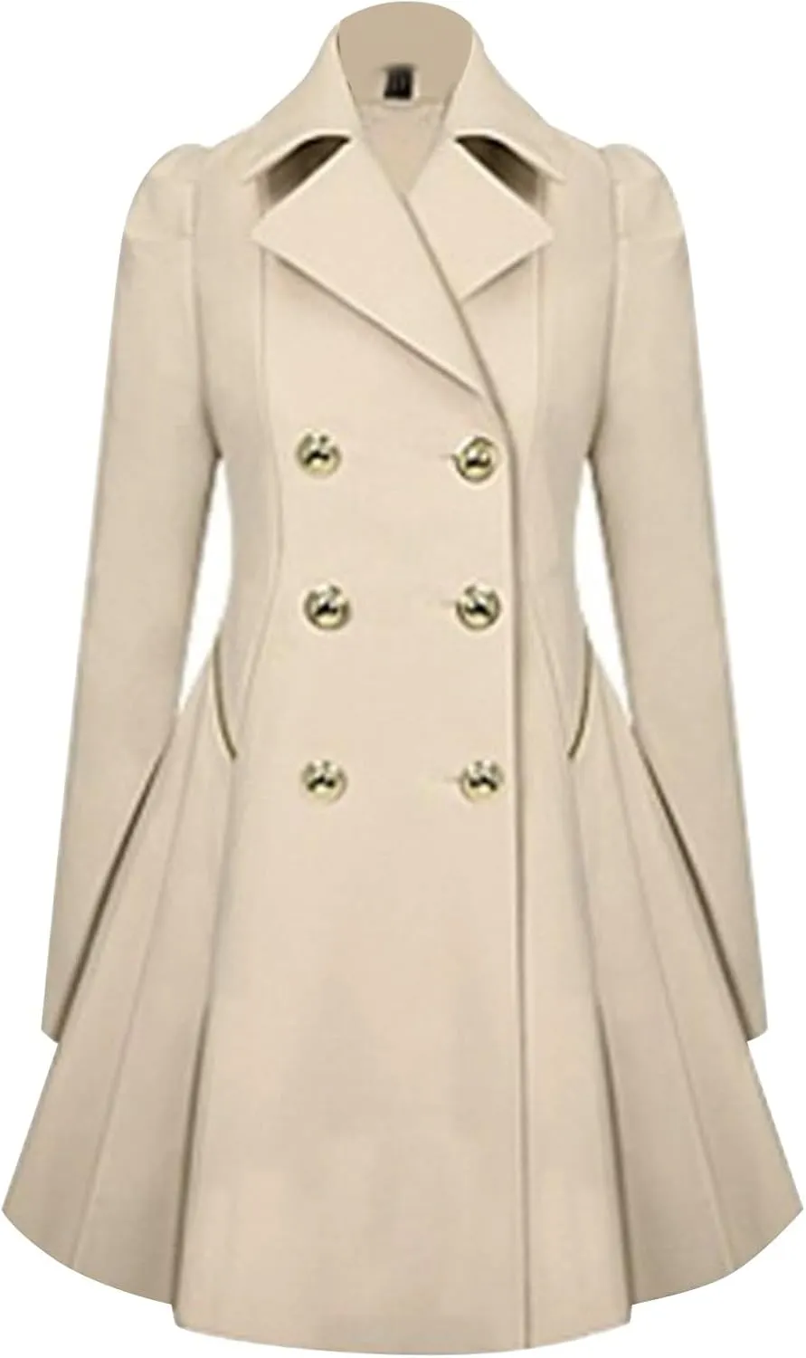 Hasta Women's Swing Coats Lapel Pleated Hem Slim Fit Skirt Pea Coat Plus Size Double-Breasted Trench Coats Overcoat Jacket