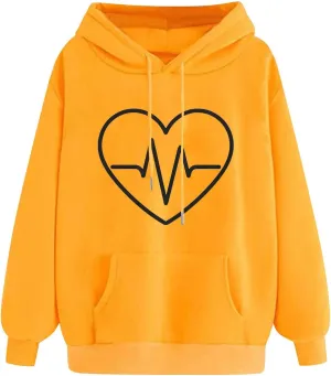 Heart Print Hoodie for Women Casual Pullover Long Sleeve Soft Fleece Relaxed Fit with Hood Lightweight for Dailywear