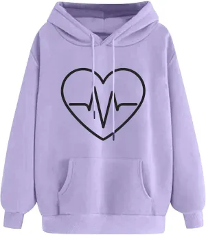 Heart Print Hoodie for Women Casual Pullover Long Sleeve Soft Fleece Relaxed Fit with Hood Lightweight for Dailywear