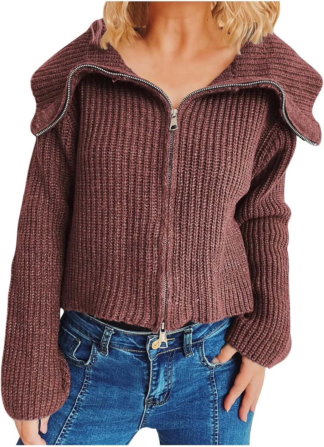 HGps8w Cardigans for Women Lapel Collar Zip Up Sweaters Cozy Long Sleeve Versatile Casual Chunky Knit Outerwear