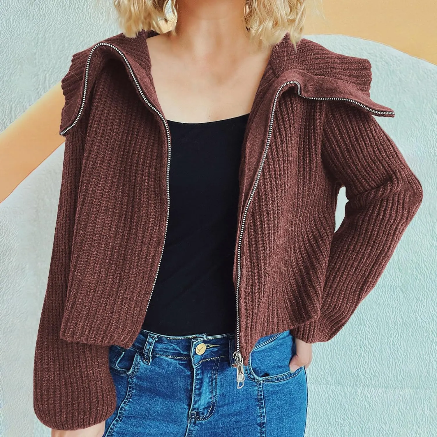 HGps8w Cardigans for Women Lapel Collar Zip Up Sweaters Cozy Long Sleeve Versatile Casual Chunky Knit Outerwear