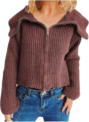 HGps8w Cardigans for Women Lapel Collar Zip Up Sweaters Cozy Long Sleeve Versatile Casual Chunky Knit Outerwear