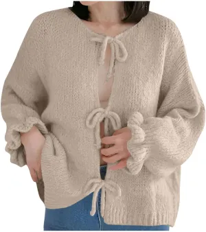 HGps8w Cozy Cardigans for Women Dressy Lace Up Tie Front Sweaters Casual Long Sleeve Solid Chunky Knit Outerwear