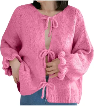 HGps8w Cozy Cardigans for Women Dressy Lace Up Tie Front Sweaters Casual Long Sleeve Solid Chunky Knit Outerwear