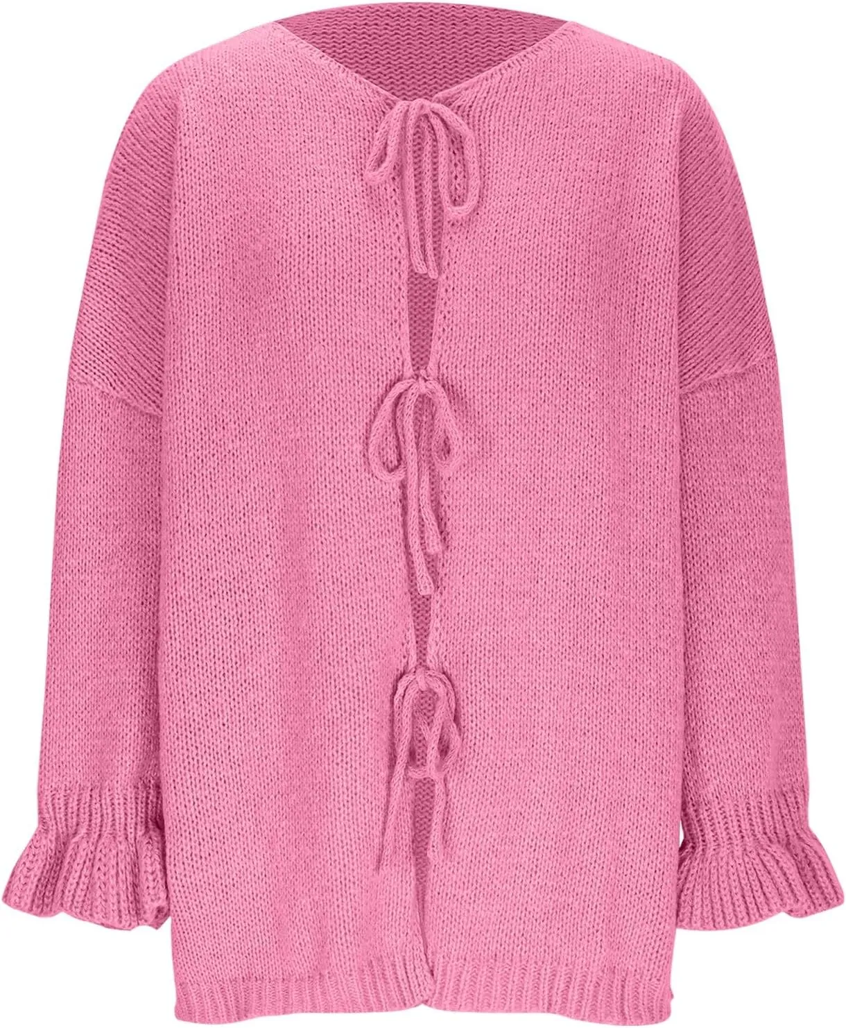 HGps8w Cozy Cardigans for Women Dressy Lace Up Tie Front Sweaters Casual Long Sleeve Solid Chunky Knit Outerwear