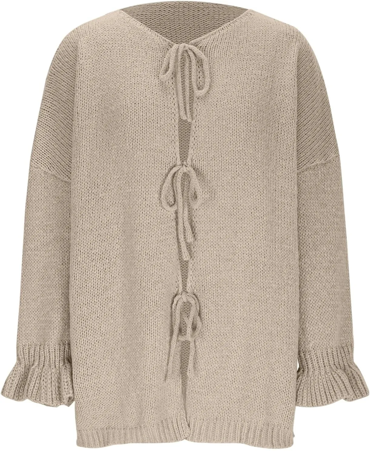 HGps8w Cozy Cardigans for Women Dressy Lace Up Tie Front Sweaters Casual Long Sleeve Solid Chunky Knit Outerwear