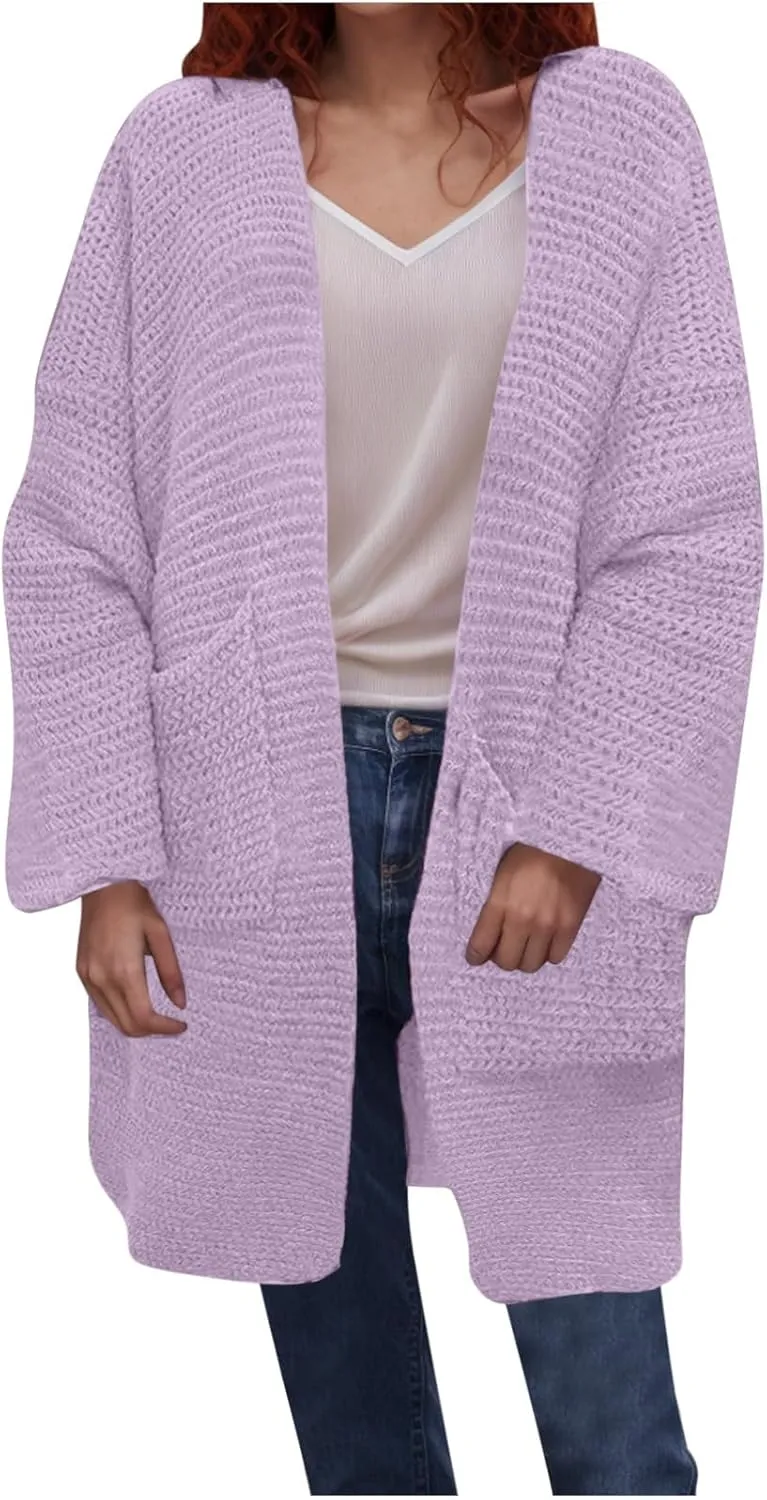 HGps8w Long Cardigans for Women Open Front Loose Casual Long Sleeve Cozy Chunky Knit Outerwear Jackets with Pockets