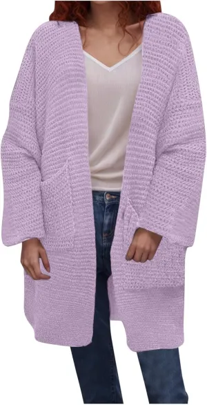 HGps8w Long Cardigans for Women Open Front Loose Casual Long Sleeve Cozy Chunky Knit Outerwear Jackets with Pockets