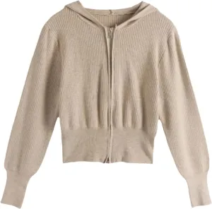 HGps8w Women's Crop Full Zip Knit Hooded Cardigans Open Front Long Sleeve Fall Winter Sweater Coat Outerwear