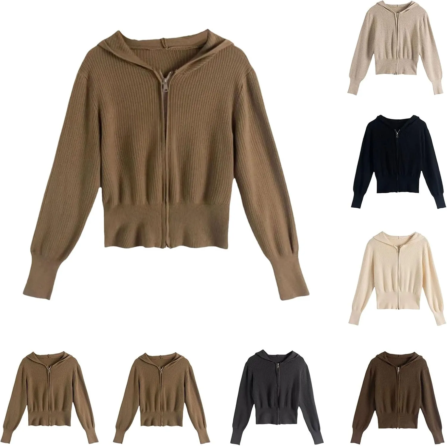 HGps8w Women's Crop Full Zip Knit Hooded Cardigans Open Front Long Sleeve Fall Winter Sweater Coat Outerwear