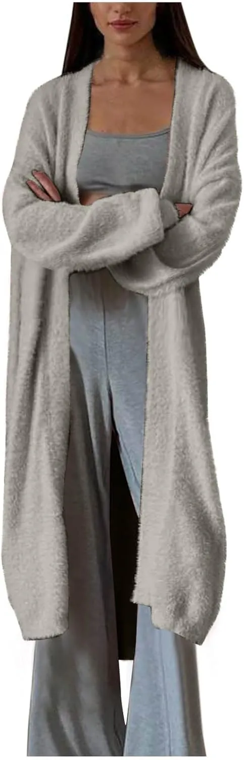 HGps8w Women's Fuzzy Soft Long Sweater Cardigans Casual Long Sleeve Open Front Knitted Outerwear Jackets