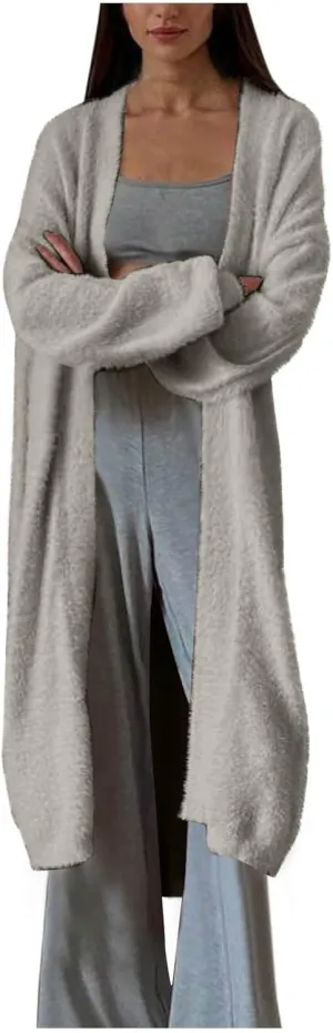 HGps8w Women's Fuzzy Soft Long Sweater Cardigans Casual Long Sleeve Open Front Knitted Outerwear Jackets