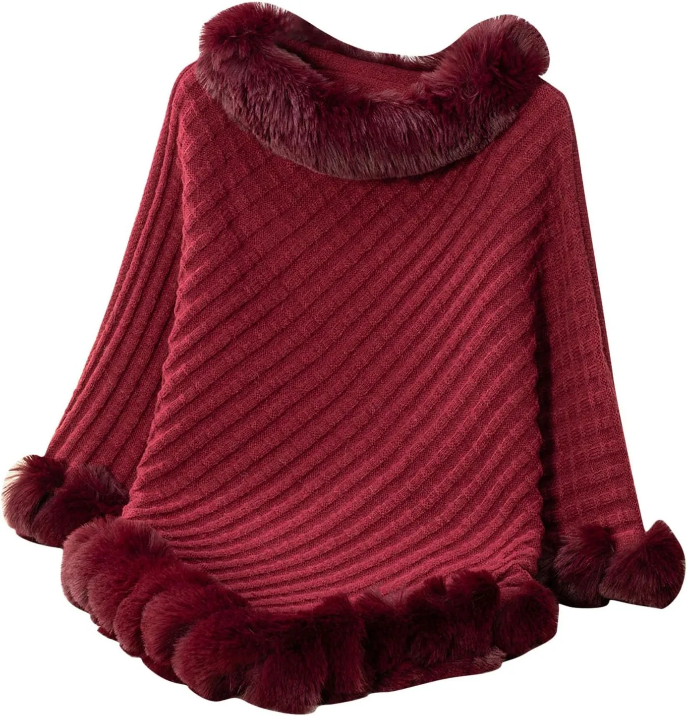 HGps8w Women's Winter Fur Trim Irregular Hem Shawl Wrap - Cozy Warm Loose Pullover Knitted Poncho Cape Cardigans Shawls